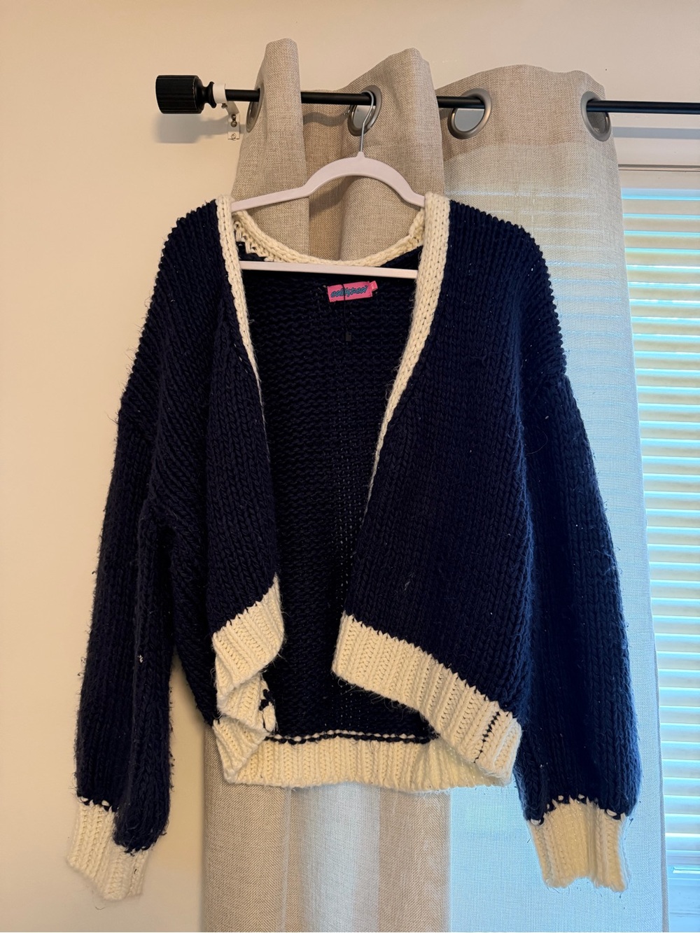 Edikted Womens Navy and Cream Open-Front Knit Cardigan Sweater